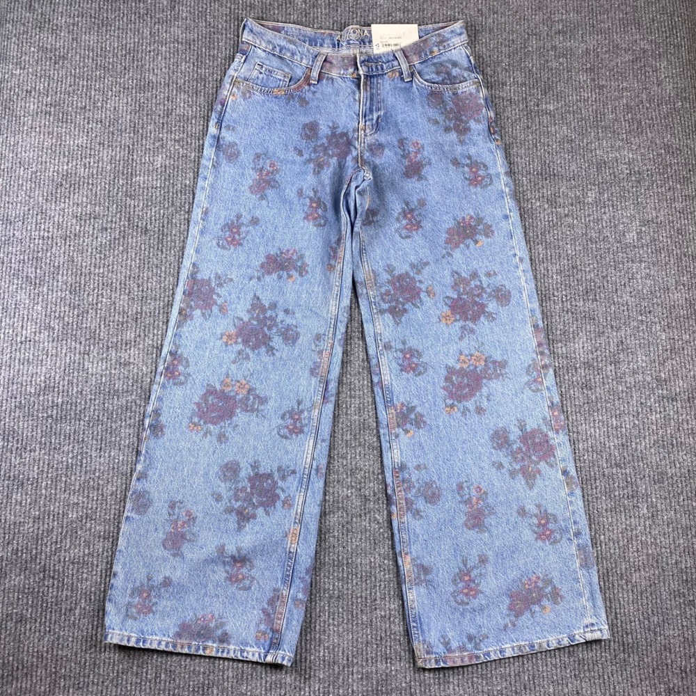 Arizona Jean Co Baggy Jeans Womens 4 Blue Floral Super Low Rise Wide Leg Y2K